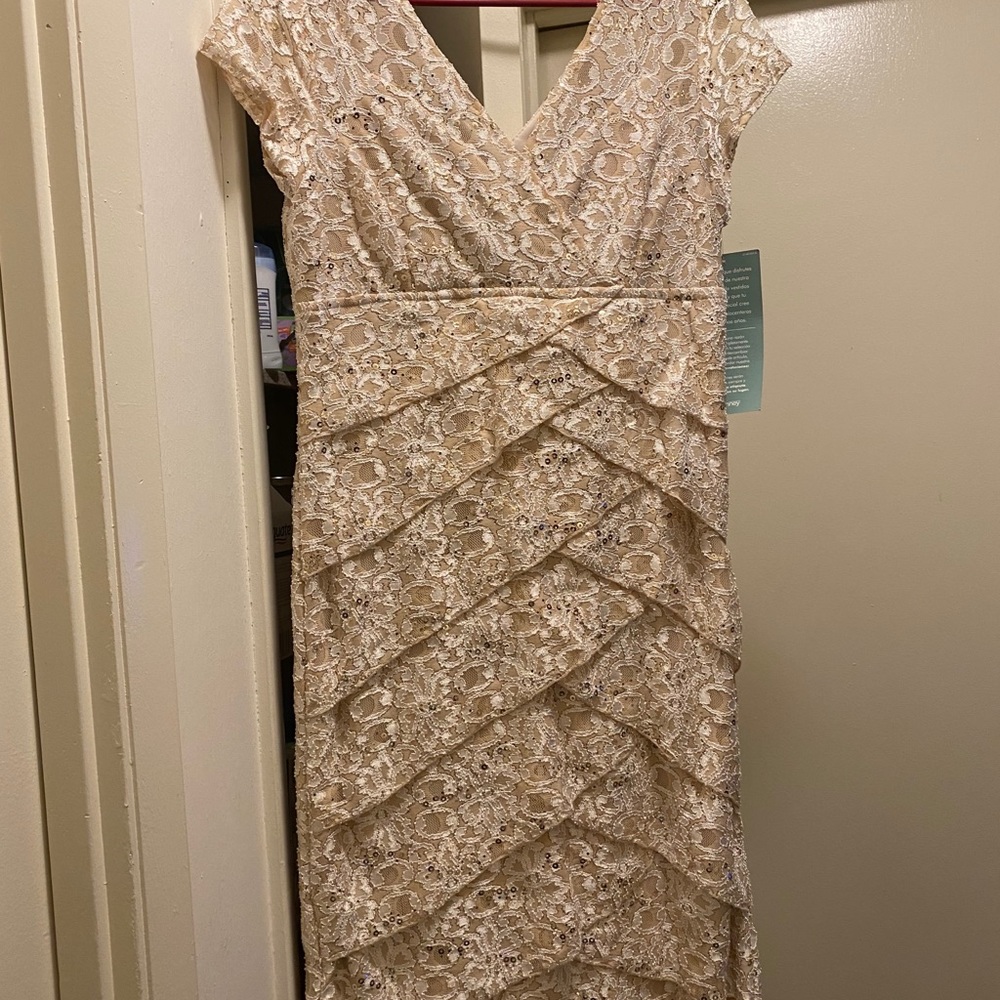 NEW! Tan dress w/ cream lace & gold sequins